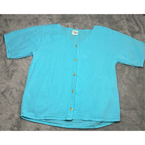 Maya Jones Cotton Beach Button Front Top Women's Large Blue Hand Made Classic - Picture 1 of 7